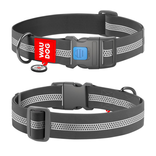 Ошейник для собак водостойкий WAUDOG Waterproof с QR паспортом, светоотражающий, пластиковый фастекс, XXL, Ш 40 мм, Дл 46-70 см, серый