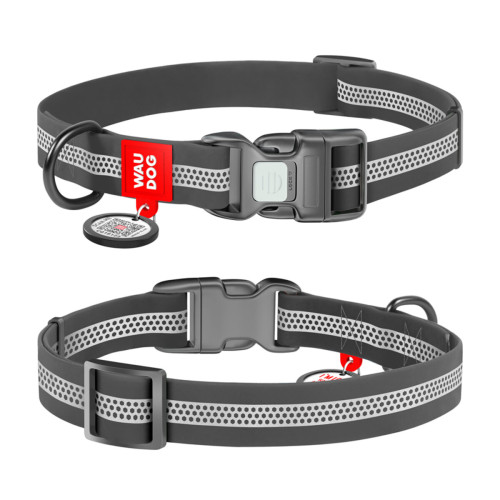 Ошейник для собак водостойкий WAUDOG Waterproof с QR-паспортом, светоотражающий, пластиковая пряжка, XL, Ш 25 мм, Дл 38-58 см серый