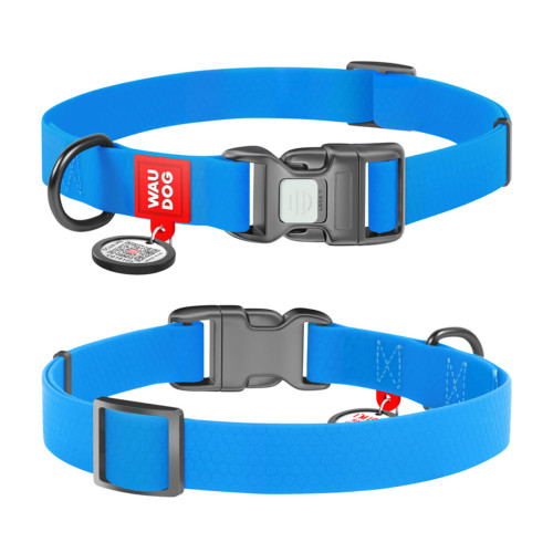 Ошейник для собак водостойкий WAUDOG Waterproof c QR-паспортом, пластиковая пряжка-фастекс, Ш 20 мм, Дл 28-40 см голубой