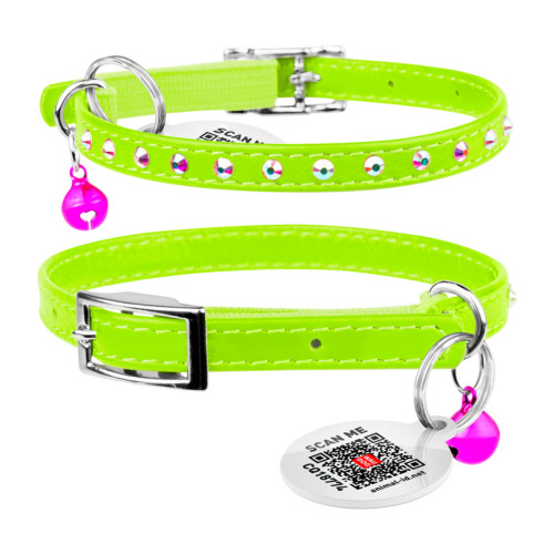 Ошейник WAUDOG Glamour с резинкой, клей.стразами для кошек (ширина 9мм, длина 22-30см) салатовый