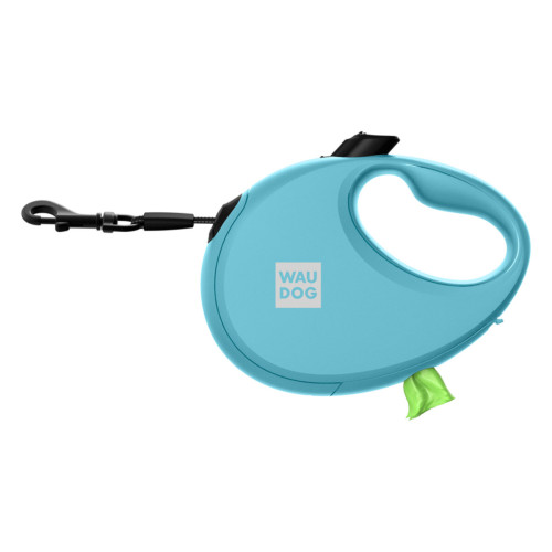 Повідець-рулетка для собак WAUDOG R-leash з контейнером для пакетів, світловідбивна стрічка, M, до 20 кг, 5 м, блакитна