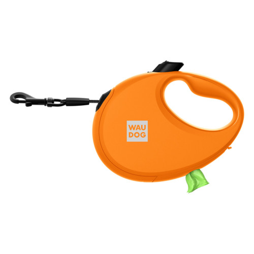Поводок-рулетка для собак WAUDOG R-leash с контейнером для пакетов, светоотражающая лента, L, до 40 кг, 5 м, оранжевая