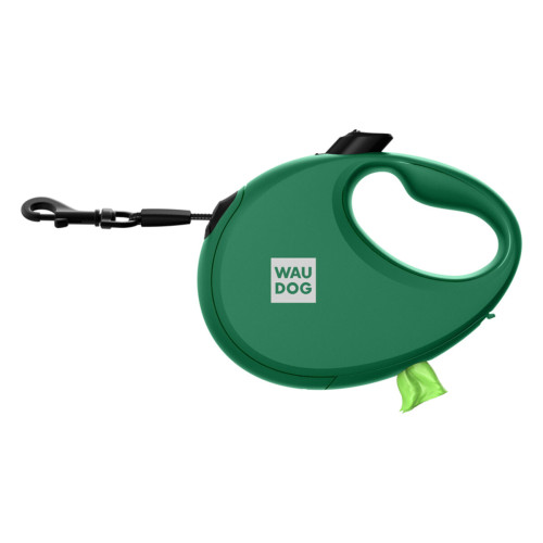 Поводок-рулетка для собак WAUDOG R-leash с контейнером для пакетов, светоотражающая лента, L, до 40 кг, 5 м, зеленая