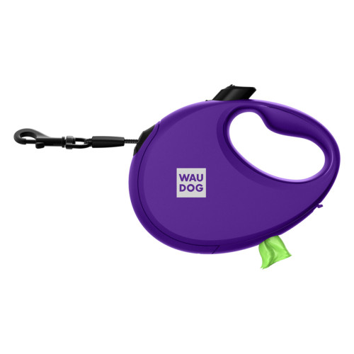 Повідець-рулетка для собак WAUDOG R-leash з контейнером для пакетів, світловідбивна стрічка, L, до 40 кг, 5 м, фіолетова