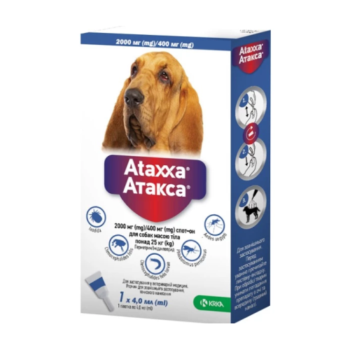 Протипаразитарний препарат для собак вагою від 25 кг KRKA Атакса 2000мг/400мг спот-он 4мл піпетка - 1шт