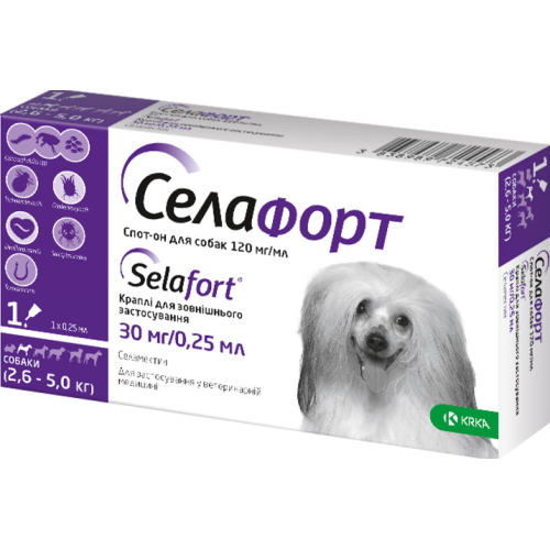 Протипаразитарний препарат для собак 2.6-5кг KRKA Селафорт 30мг Спот-он 1 піпетка - 0,25мл