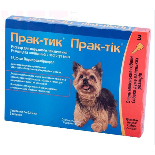 Інсектоакарицидний препарат для собак 2-4,5 кг Elanco (Bayer) Прак-тік Спот-Он 0,45 мл піпетки - 3 шт  