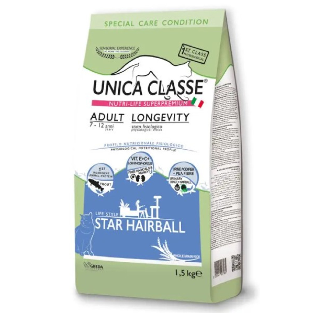 Сухой корм Gheda Unica Classe Adult Longevity Dry для взрослых кошек с форелью, 1,5 кг