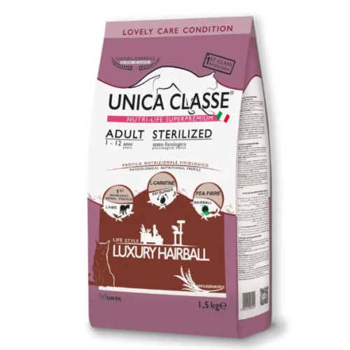 Сухой корм Gheda Unica Classe Adult Sterilized Hairball Dry для взрослых стерилизованных кошек с ягненком, 1,5 кг