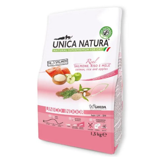 Сухой корм Gheda Unica Natura Indoor Salmon для обитающих в помещении кошек с лососем, рисом и яблоками, 1,5 кг