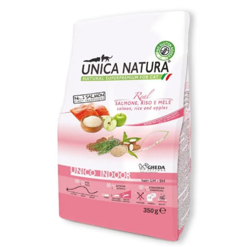 Сухой корм Gheda Unica Natura Indoor Salmon для обитающих в помещении котов с лососем, рисом и яблоками, 350 г