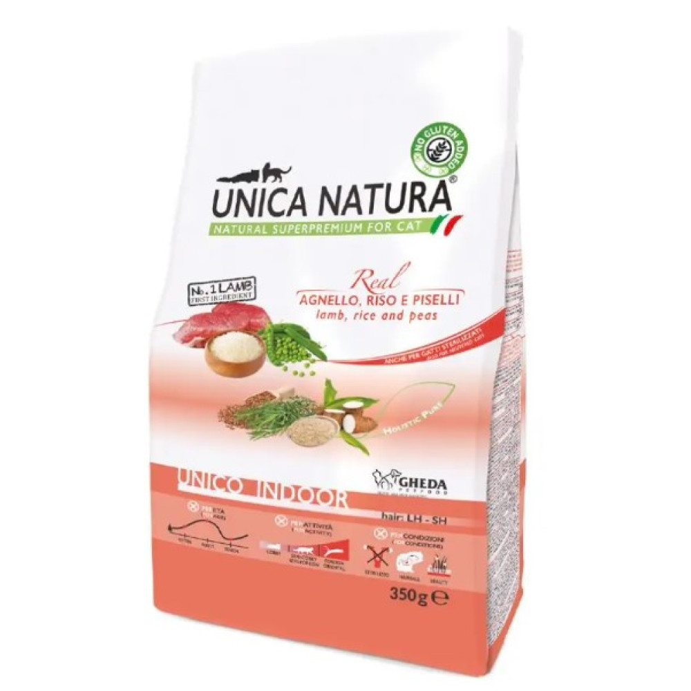 Сухий корм Gheda Unica Natura Indoor Lamb для котів, що мешкають у приміщенні з ягням, рисом та горохом, 350 г
