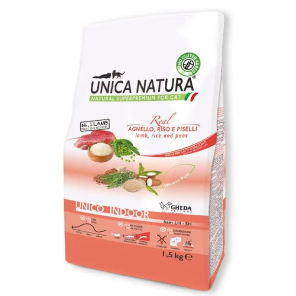 Сухой корм Gheda Unica Natura Indoor Lamb для кошек, обитающих в помещении с ягненком, рисом и горохом, 1,5 кг