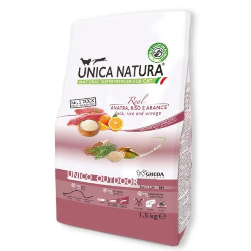 Сухой корм Gheda Unica Natura Outdoor Duck для кошек, живущих на улице с уткой, рисом и апельсином, 1,5 кг