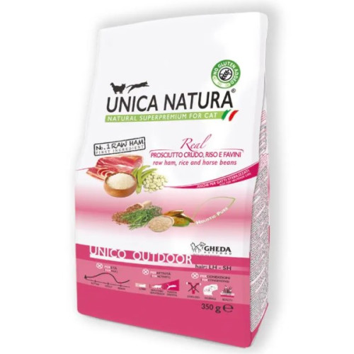 Сухой корм Gheda Unica Natura Outdoor для кошек, живущих на улице с прошутто с сырым рисом и фасолью, 350 г