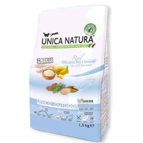 Сухий корм Gheda Unica Natura Outdoor Cod для котів, що живуть на вулиці з тріскою, рисом та бананами, 1,5 кг