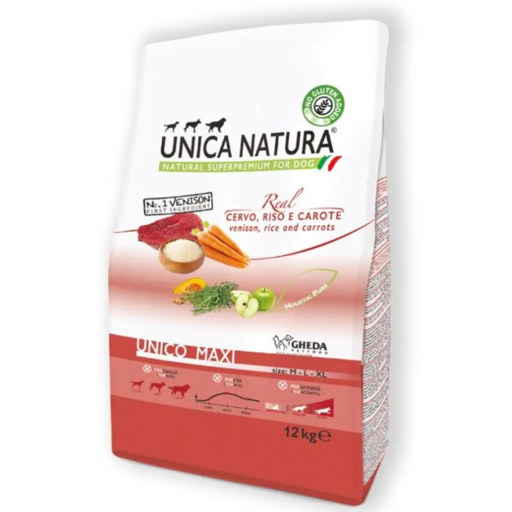 Сухой корм Gheda Unica Natura Unura Unico Maxi для собак крупных пород с олениной, рисом и морковью, 12 кг