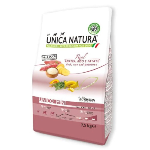 Сухой корм Gheda Unica Natura Unico Mini для собак малых пород с уткой, рисом и картофелем, 7,5 кг