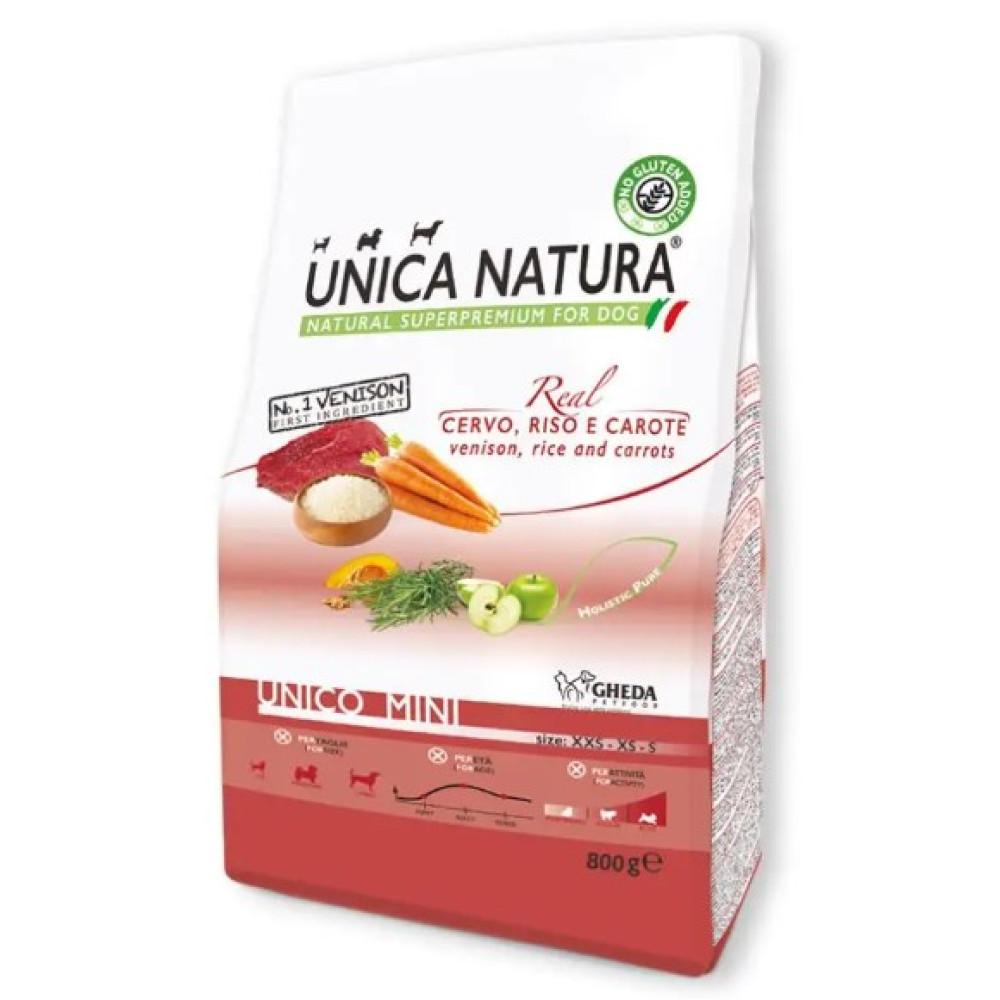 Сухой корм Gheda Unica Natura Unura Unico Mini для собак малых пород с олениной, рисом и морковью, 800 г