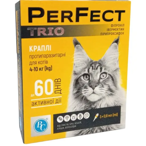 Лікувальний припарат для котів від 4-10 кг Ветсинтез PerFect TRIO краплі - 0,8 мл піпетка - 3 шт
