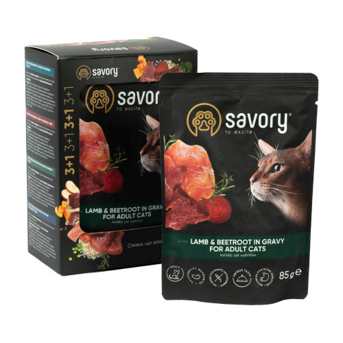  Набір вологих кормів для дорослих котів пауч Savory 3+1 Lamb and beetroot in Gravy - 340 гр.