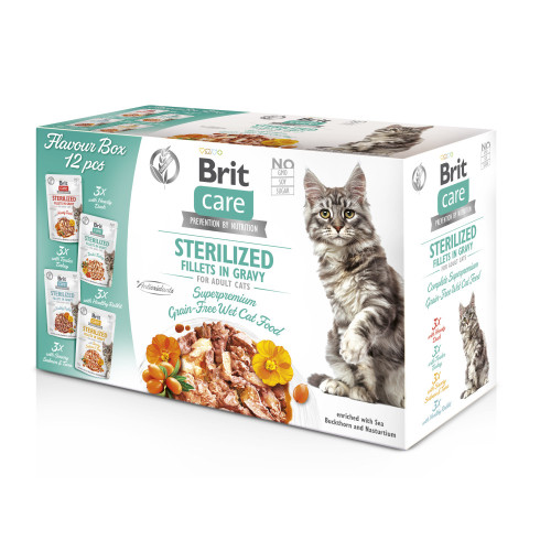 Влажный корм Brit Care Sterilized Fillets in Gravy Flavour box для стерилизованных кошек, филе в соусе, набор вкусов, 12х85 г