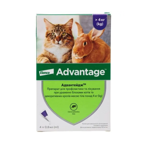 Противопаразитарные капли для котов Elanco Bayer Адвантейдж (Advantage) массой 4-8 тела кг (4x0,8мл)