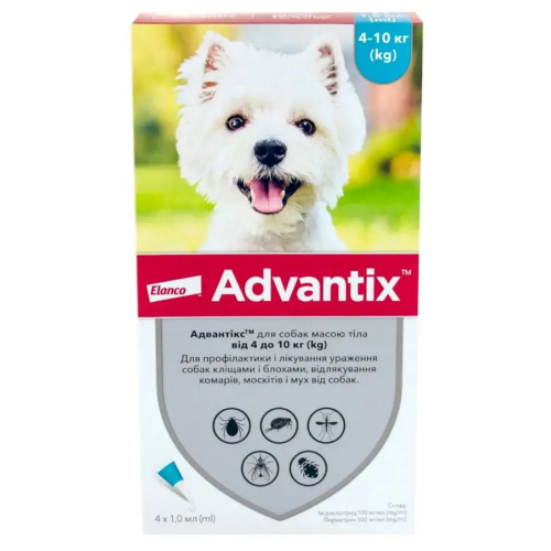 Противопаразитарные капли для собак Elanco Bayer Advantix (Адвантикс) массой 4-10 тела кг (4x1,0)мл)