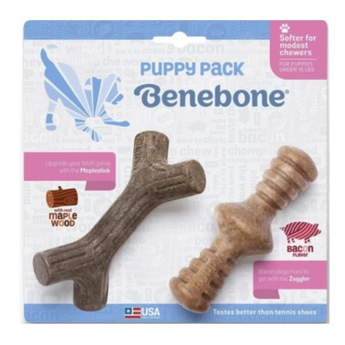 Набір з 2 іграшок для цуценят Benebone Tiny 2-Pack , міцна для гризіння Кленова гілка+Загглер ,зі смаком клену + бекону (цуценят до 7 кг)