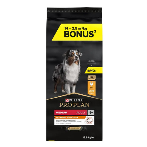 Сухий корм Purina Pro Plan Medium Adult 1+ Everyday Nutrion для дорослих собак середніх порід з куркою, 14 кг + 2.5 кг