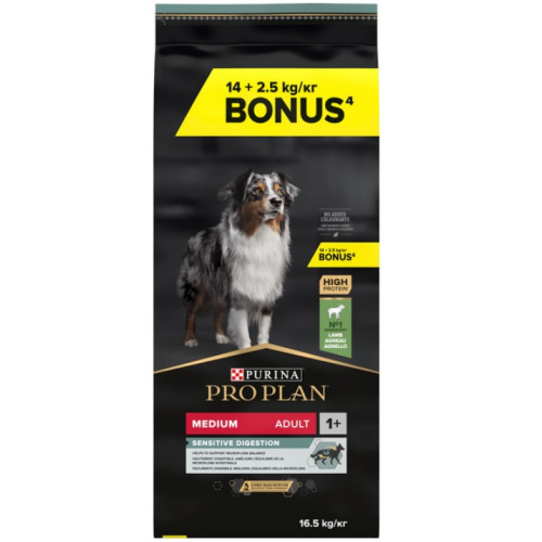 Сухий корм Purina Pro Plan Medium Adult 1+ Sensitive Digestion для дорослих собак з чутливим травленням з ягням, 14.5 кг + 2,5 кг