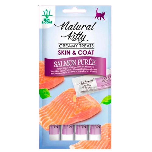 Лакомство для кошек крем-снеки Natural Kitty Fuctional Creamy Treat Salmon Puree Skin&Coat (кожа и шерсть), 4х12 г