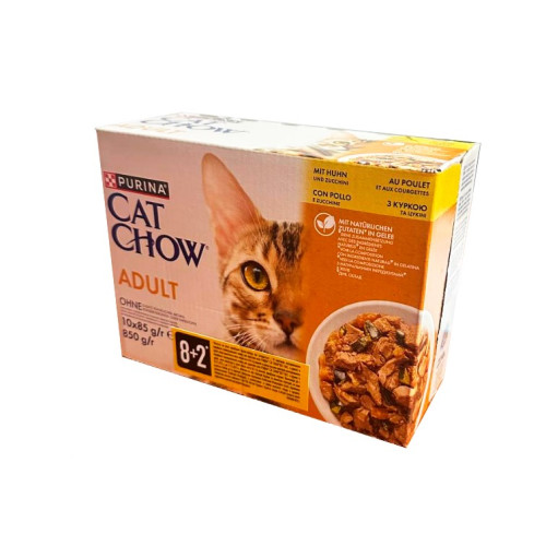Влажный корм для взрослых кошек Purina Cat Chow Adult кусочки в желе с курицей и цуккини, мультипак (10 шт по 85 г)