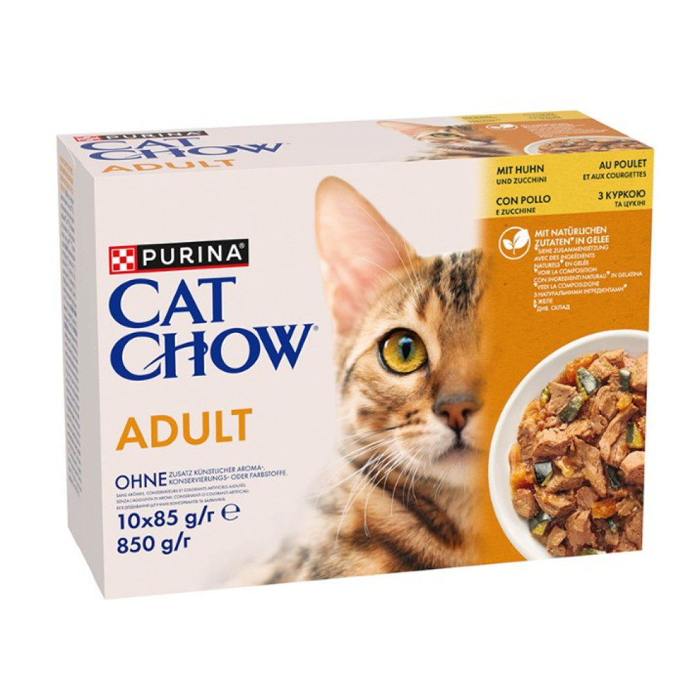 Влажный корм для взрослых кошек Purina Cat Chow Adult кусочки в желе с курицей и цуккини, мультипак (10 шт по 85 г)