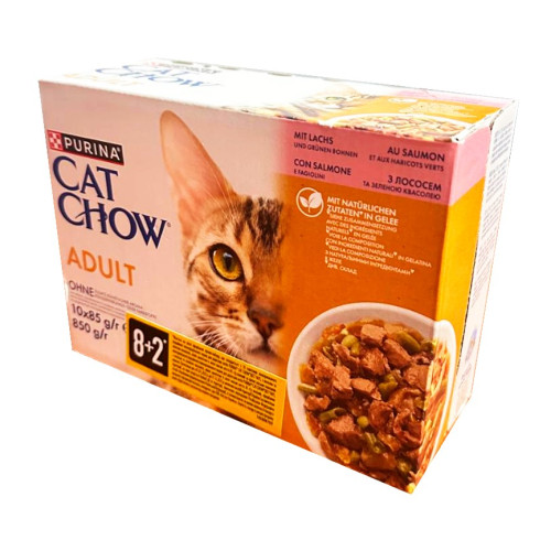 Влажный корм для взрослых кошек Purina Cat Chow Adult кусочки в желе с лососем и зеленой фасолью, мультипак (10 шт по 85 г)