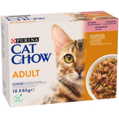 Влажный корм для взрослых кошек Purina Cat Chow Adult кусочки в желе с лососем и зеленой фасолью, мультипак (10 шт по 85 г)