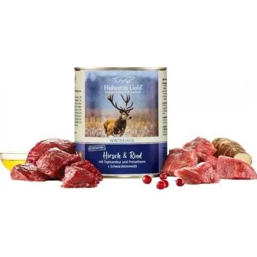 Влажный корм для собак HUBERTUS GOLD Hirsch & Rind (оленина и говядина с топинамбуром и красными ягодам) - 800 г