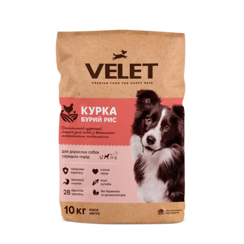 Сухой корм для взрослых собак средних пород Velet (курица и бурый рис) - 10кг