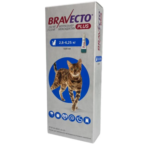 Бравекто Plus для Котів/Bravecto Plus Cat 2,8-6,25кг 250 мг спот-он