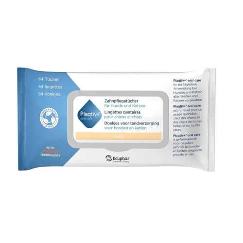 Стоматологічні серветки для собак та котів Ecuphar Plaqtiv+ Dental Wipes (гігієна порожнини рота) - 64 шт