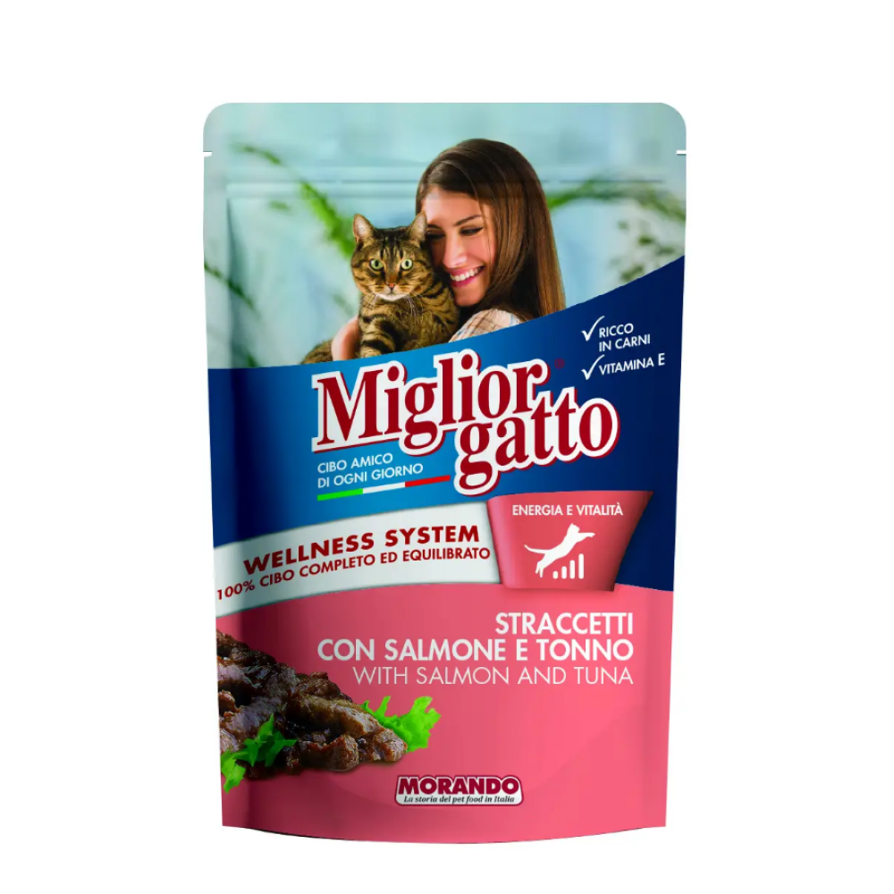 Вологий корм для дорослих котів Morando Migliorgatto Pouch з лососем та тунцем (у вигляді смужок) - 100 г 
