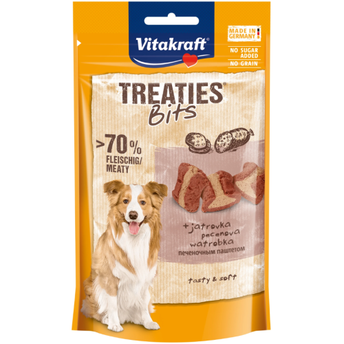 Ласощі, м'які міні-закуски для собак малих порід Vitakraft Treaties MINIS (з ліверною ковбасою) шматочки - 48 г