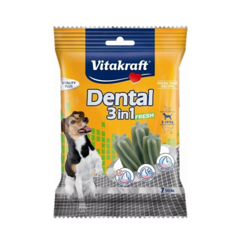 Лакомство для собак весом 5-10 кг Vitakraft Dental 3 in1 fresh small (палочки для ухода за зубами с мятой) - 120г