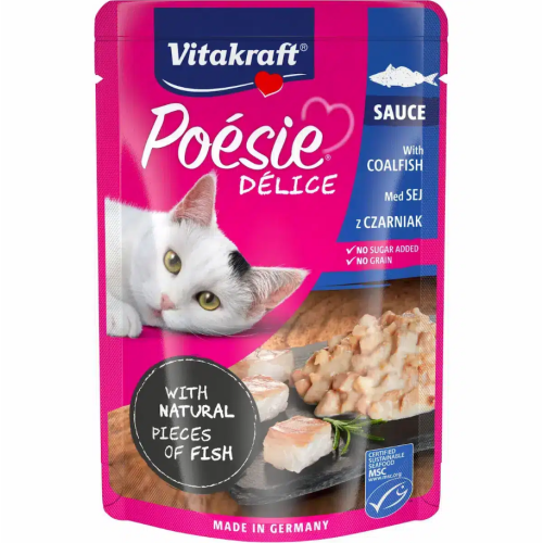 Влажный корм для взрослых кошек Vitakraft Poesie Delice,Coalfish,MSC,Sauce (с сайдой, кусочки в соусе) пауч - 85 г