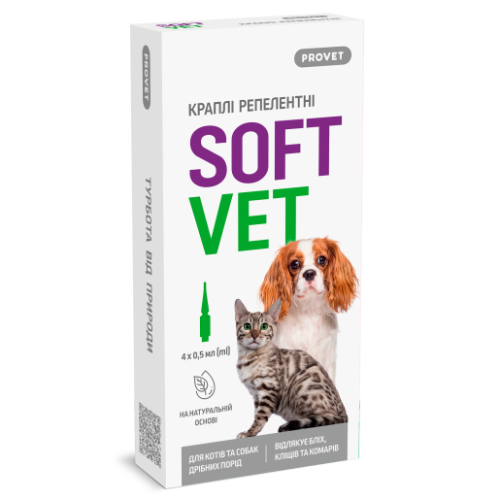 Антипаразитарный препарат для котов и собак мелких пород Provet SOFTVET капли - 4 пипетки по 0,5 мл