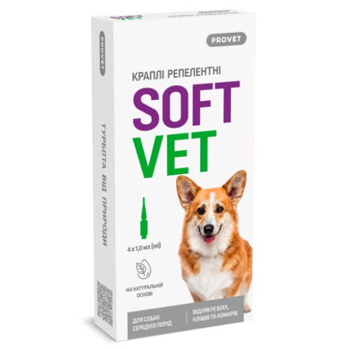 Антипаразитарный препарат для собак средних пород Provet SOFTVET капли - 4 пипетки по 1 мл