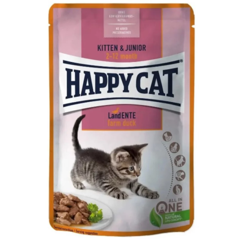 Вологий корм для кошенят HAPPY СAT Beutel Kitten Junior L-Ente (шматочкі в cоусі з качкою) пауч - 10х85 г