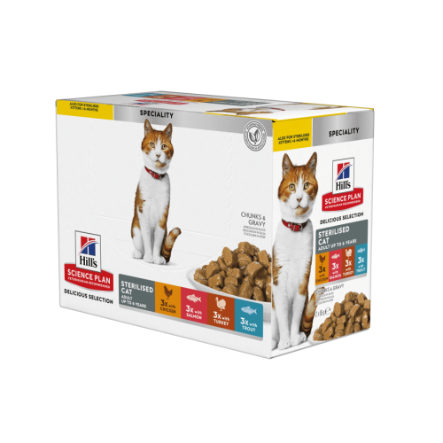 Набір вологого корму для дорослих стерилізованих котів 1-6 років Hills Wet SP Feline Adult, мультипак (курка, лосось, індичка, форель) пауч - 12шт по 85г