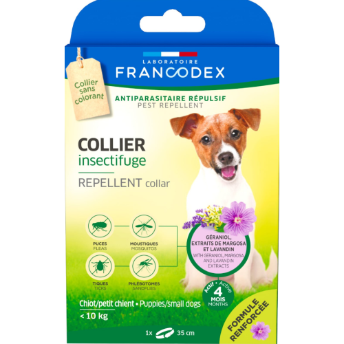 Ошейник с репеллентным действием для щенков и малых собак LABORATOIRE FRANCODEX Repellent Collar от блох и клещей 35 см New Ошейник с репеллентным действием для щенков и малых собак LABORATOIRE FRANCODEX Repellent Collar от блох и клещей 35 см New