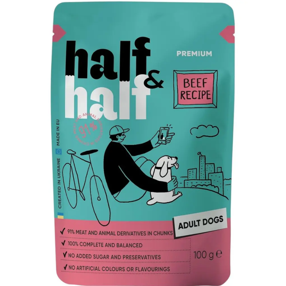 Вологий корм для дорослих собак Half&Half, Beef in Gravy for Adult Dogs, шматочки яловичини в соусі - 100 г